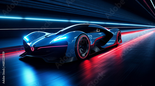 A blue racing car with futuristic LED lighting © coco
