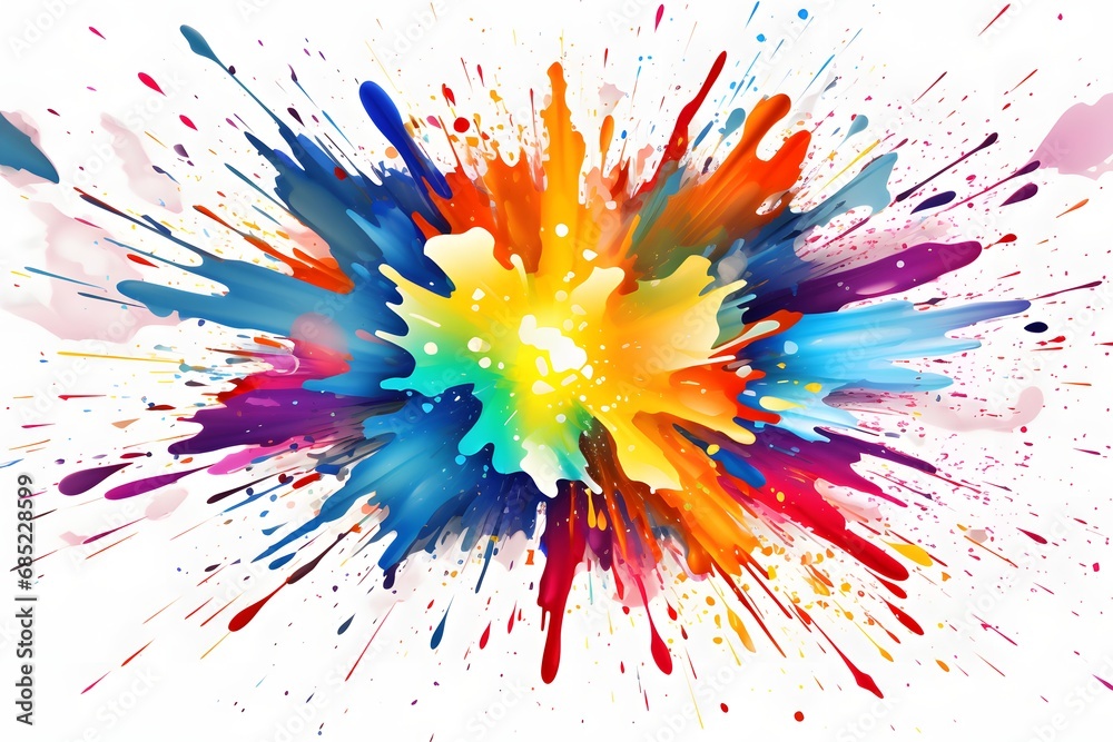 Vibrant and Colorful Paint Splatters on a Clean White Surface for Creative Design and Artistic Projects. Generative AI