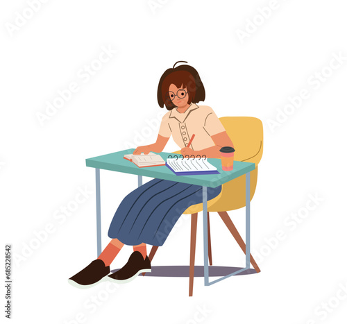 Woman at desk isolated. Young female working or studying at home or office table. Girl writing notes in notebook, studying. Home schooling. Hand drawn vector illustration
