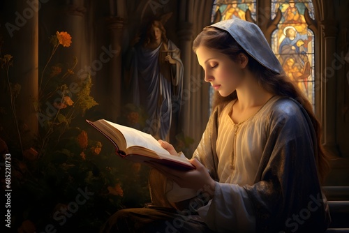 Serene woman engrossed in reading a book in a peaceful church illuminated by a beautiful stained glass window. Generative AI