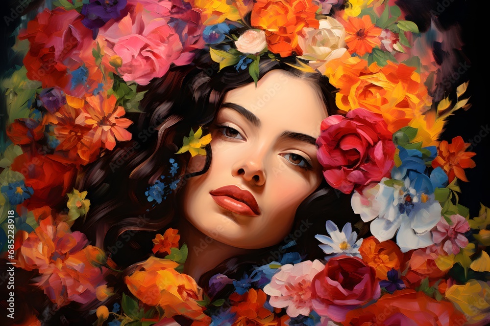 Beautiful Woman with Colorful Flowers in Her Hair, Artistic Painting for Feminine and Nature-Themed Designs Generative AI