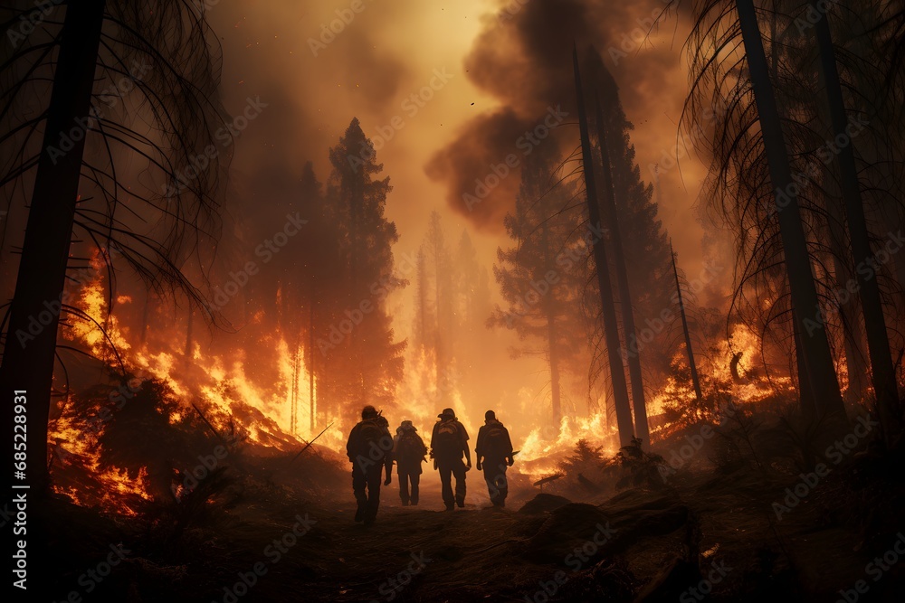 Brave firefighters trek through the forest as flames rage in the distance, risking their lives to protect the land. Generative AI