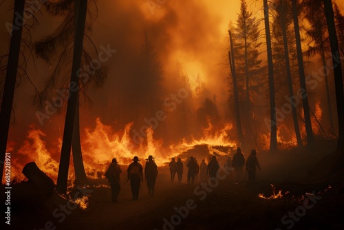 Group of Hikers Trekking Through the Woods with a Campfire Burning in the Distance Generative AI © Sheela