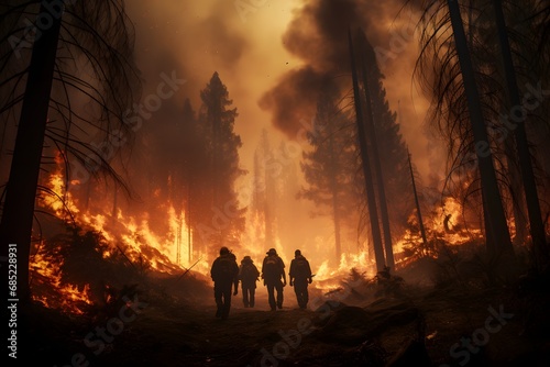Brave firefighters trek through the forest as flames rage in the distance  risking their lives to protect the land. Generative AI