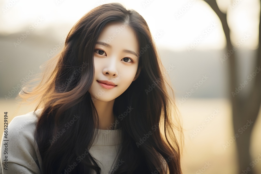 Stylish young woman with flowing hair and cozy sweater posing for a portrait in natural light Generative AI Stylish young woman with flowing hair and cozy sweater posing for a portrait in natural light Generative AI