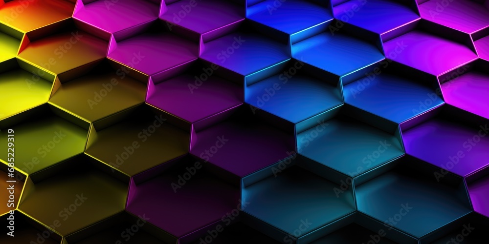 A rainbow colored hexagon pattern with a black background. A rainbow colored hexagon pattern with a black background.