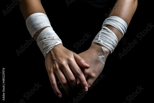 Injured person with bandages wrapped around their body holding hands together in pain and discomfort Generative AI © Sheela