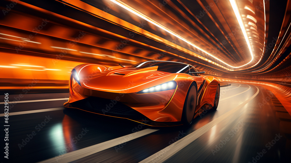 An orange sports car with a futuristic design