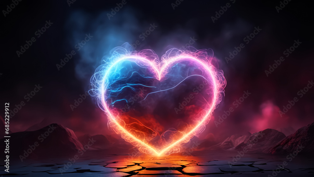 A heart with multicolored neon light and smoke. Dark background. Fantastic landscape. AI