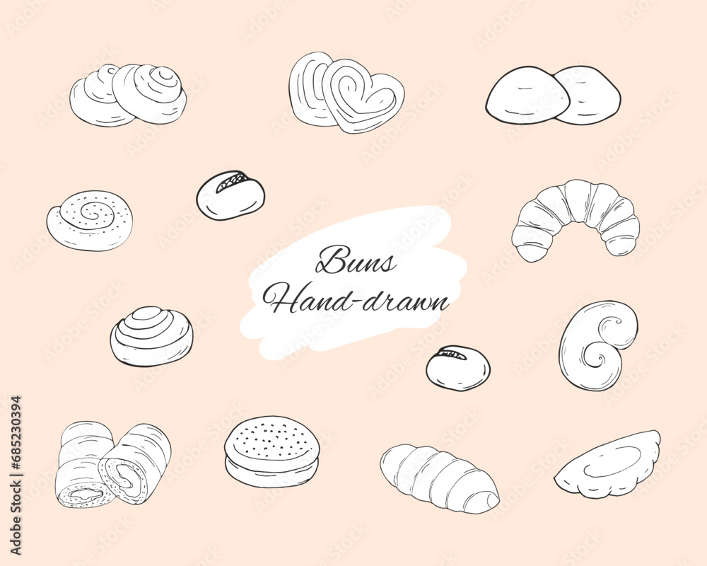 Bakery pastry products.  Backing doodle set of buns. Hand-drawn bagels set. Vector sketch illustration isolated on a white background.