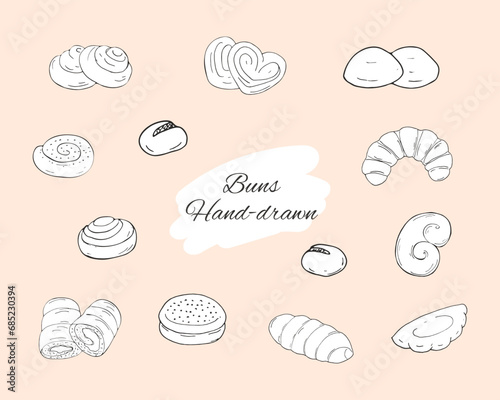 Bakery pastry products. Backing doodle set of buns. Hand-drawn bagels set. Vector sketch illustration isolated on a white background.