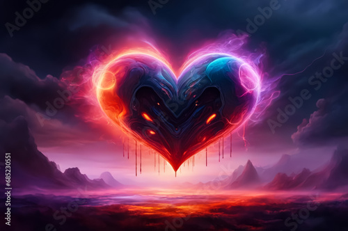 A heart with multicolored neon light and smoke. Dark background. Fantastic landscape. AI