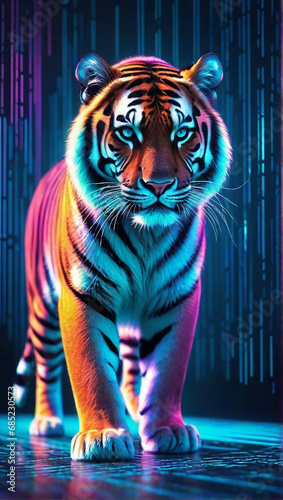 Tiger from head to toe made of QR Code patterns, Barcode background, vibrant abstract colorful lines