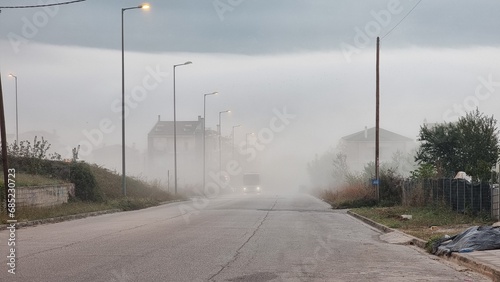 fog road winter morning in ioannina greece