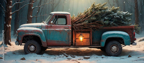 pickup truck with christmas tree	