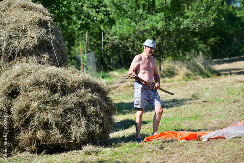 Obraz na płótnie Farmer stacking hay with fork traditional in the village on field w salonie