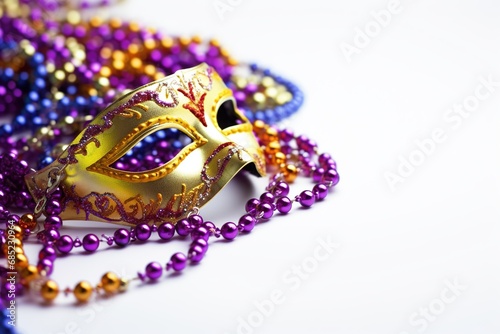 Elegant and delicate Venetian mask festival beads on white background. © Abstractartfactory