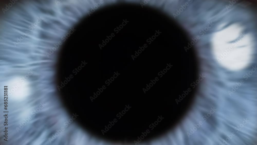 Macro Shot of Eye Pupil Opening with Beautiful Blue Iris. Zoom in to an Infinite Black Background and Zoom out to Macro Close up. Healthy Eyesight concept. 
