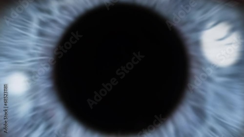 Macro Shot of Eye Pupil Opening with Beautiful Blue Iris. Zoom in to an Infinite Black Background and Zoom out to Macro Close up. Healthy Eyesight concept. 