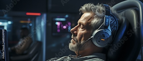 Hearing test demonstrating an elderly man's ear using sound wave simulation technology. photo