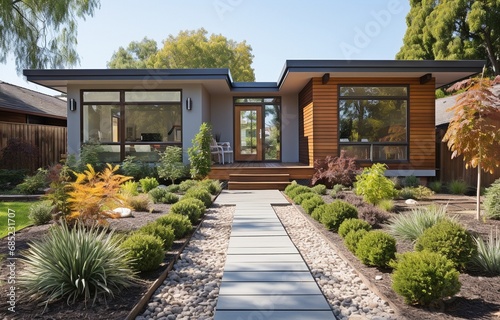 The front door of a chic suburban home has a wooden pathway and a potted grass. .