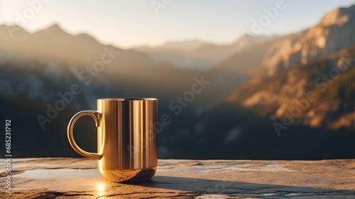Close up of a gold Mug on a wooden Table in the Mountains. Blurred natural Background photo
