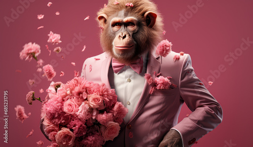 Abstract animal valentine concept, monkey gentleman in tuxedo carrying bouquet to his love woman. A man is like a monkey when he is in love.