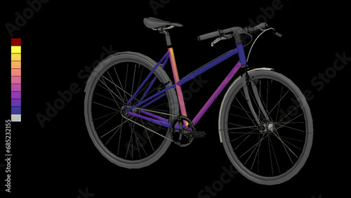 Photos FEM stress analysis of a bicycle on a black background.
