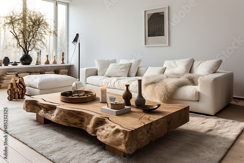 Living room with white sofa and heavy wooden table on white fluffy carpet.