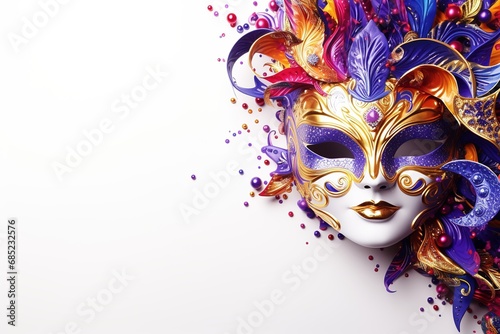 Festive Grouping of mardi gras, venetian or carnivale mask on white background. © Abstractartfactory