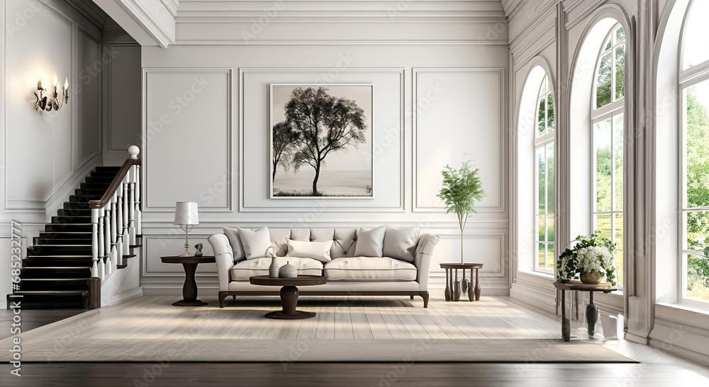 Large living room with high ceilings, white furniture and big stairs. Large living room with high ceilings, white furniture and big stairs.