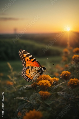 butterfly on the flower with sunset, Butterfly with Sunset 