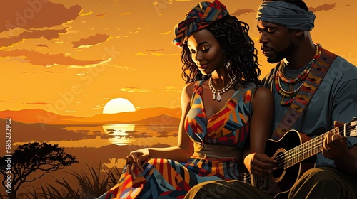 African couple in love, guy and girl playing traditional musical instrument against sunset background with copy space, black history month. Friendship concept photo