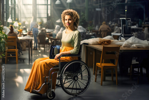 Disabled woman boss entrepreneur in a wheel chair in a sewing factory. Hold tabled in hands.