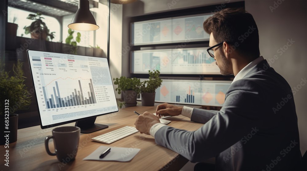 Man busy business man trader investor broker analyst analyzing stockmarket using computer monitoring digital trade charts on screen, investing in financial markets, over shoulder view.generative AI Man busy business man trader investor broker analyst analyzing stockmarket using computer monitoring digital trade charts on screen, investing in financial markets, over shoulder view.generative AI