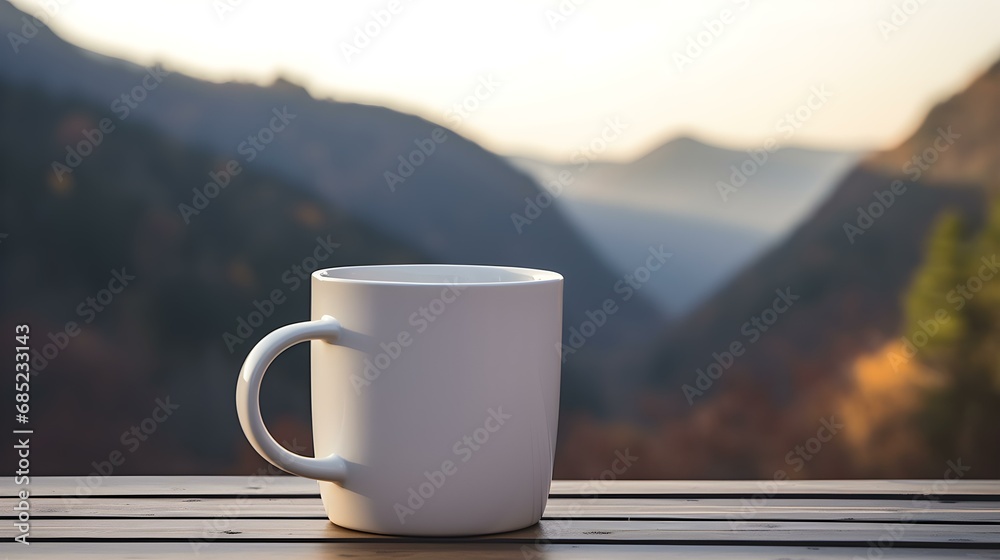 Close up of a ivory Mug on a wooden Table in the Mountains. Blurred natural Background Close up of a ivory Mug on a wooden Table in the Mountains. Blurred natural Background