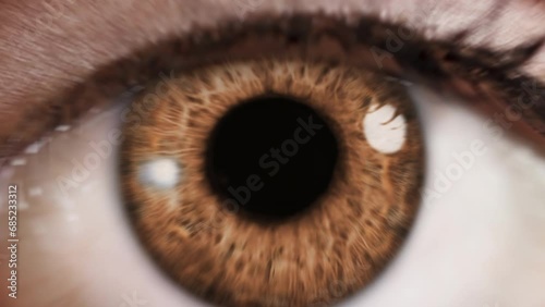
Zoom in to Beautiful Macro Shot of Brown Woman Eye Blinking. Pupil Opening Zooming to  Back Frame. Healthy Eyesight concept. Make up. photo