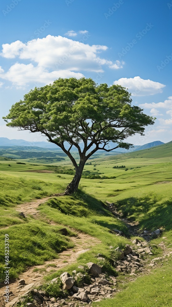 A lone tree in the centre of a lawn with mountains in the distance.