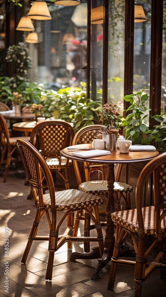 Obraz premium The cafe's chairs and tables.