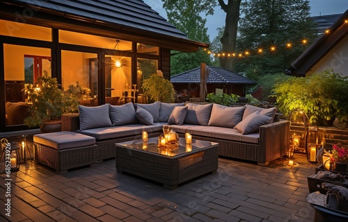A lovely suburban home's patio with lights and wicker chairs during a summer's evening.