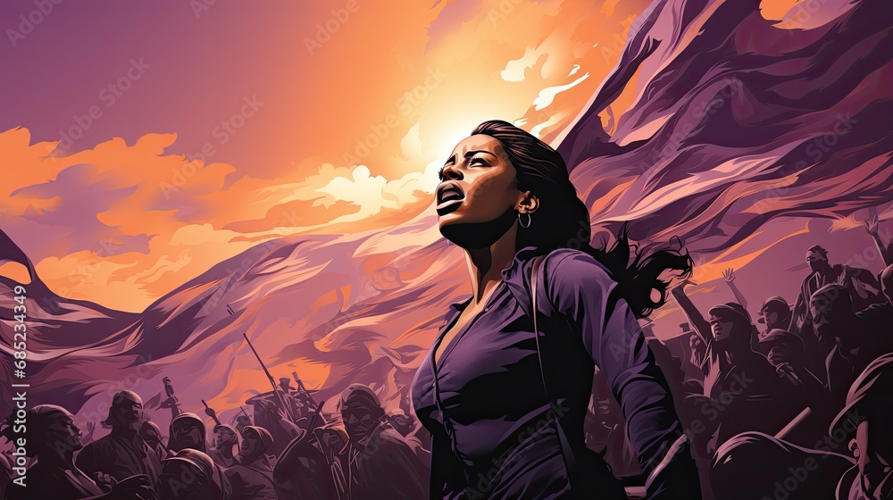 Banner for human rights. Portrait of a black female leader at a demonstration, with copy space. Black History Month. A moment in civil rights history - obrazy, fototapety, plakaty 
