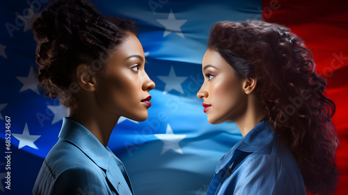 cara de mujeres empoderadas mujeres americanas de estados unidos con banderas y estrellas en color azul y rojo photo
