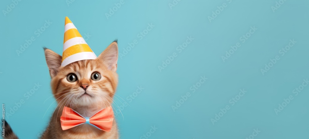 Celebration, happy birthday, Sylvester New Year's eve party, funny animal greeting card - Cute little cat pet with party hat and bow tie on blue wall background texture - obrazy, fototapety, plakaty 