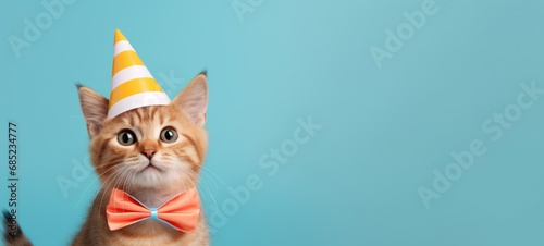 Celebration, happy birthday, Sylvester New Year's eve party, funny animal greeting card - Cute little cat pet with party hat and bow tie on blue wall background texture photo