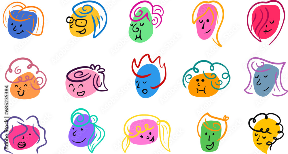 Obraz premium Set cartoon abstract head girl, woman, grandmother in funny simple doodle draw style. Bright fashion emotion faces various people. Bright design character emotion. Collection flat vector illustration.