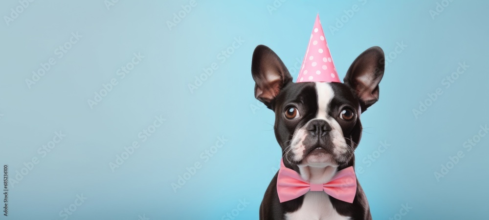 Celebration, happy birthday, Sylvester New Year's eve party, funny animal greeting card - Cute frenchulldog dog pet with pink party hat and bow tie on blue wall background texture