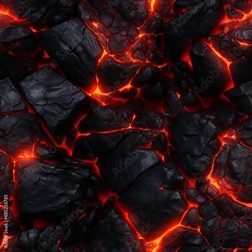 Seamless stone texture in a hand-painted style. Drawn texture of stones glowing with red color. 2D lava texture for games.
