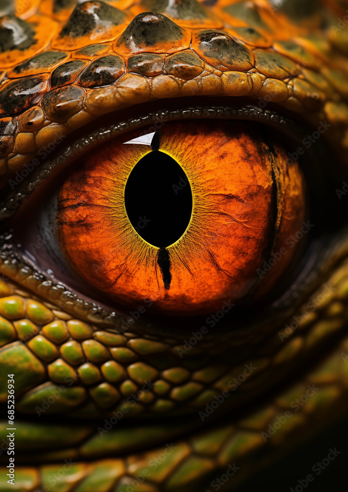 Close up orange eye reptile or dragon with yellow scales.