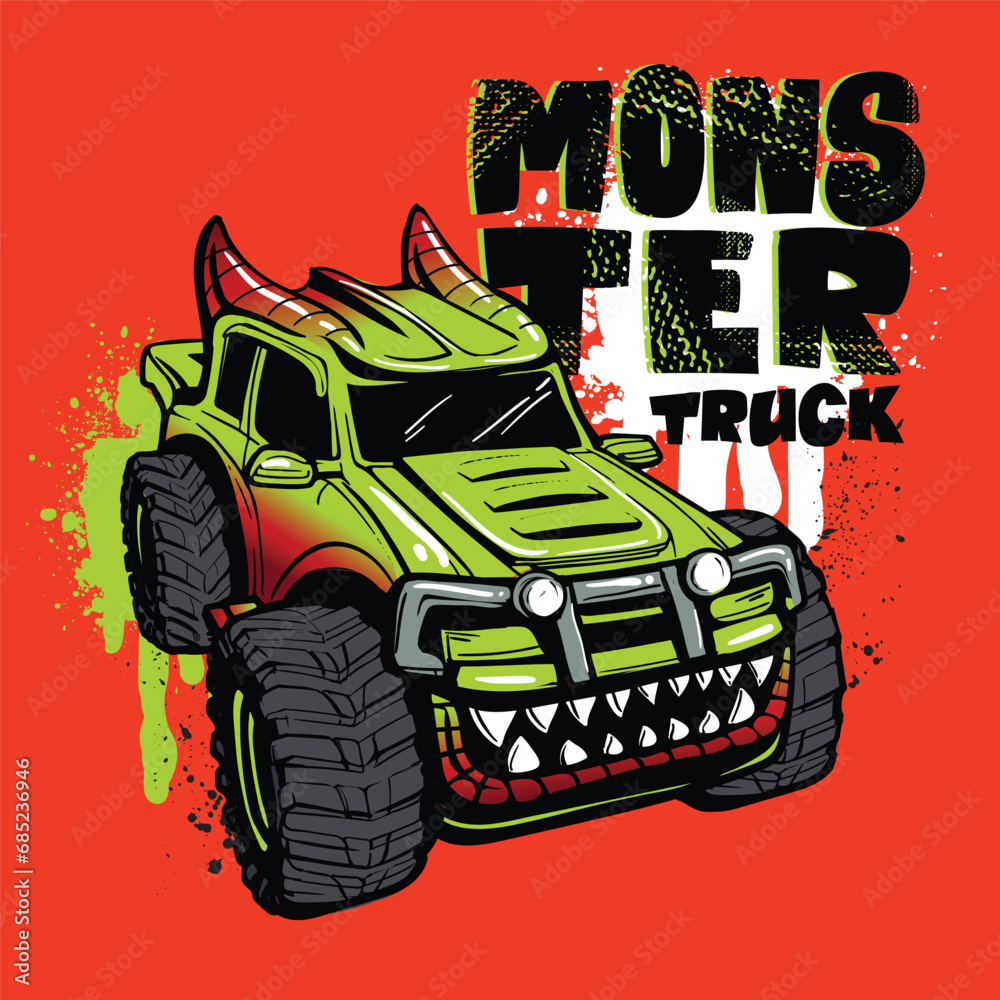 Off road truck with horns dragon. Shabby textured Grunge illustration big car, graffiti words Big Power. Monster SUV poster