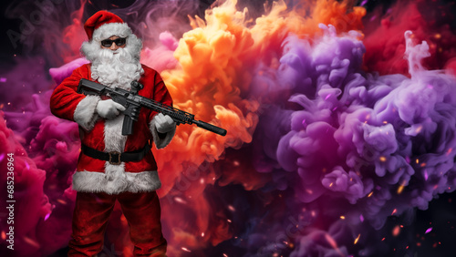 A man dressed as Santa Claus, holding a machine gun, poses against a background of bright, multicolored smoke from a smoke grenade, with colorful sparks flying in the air